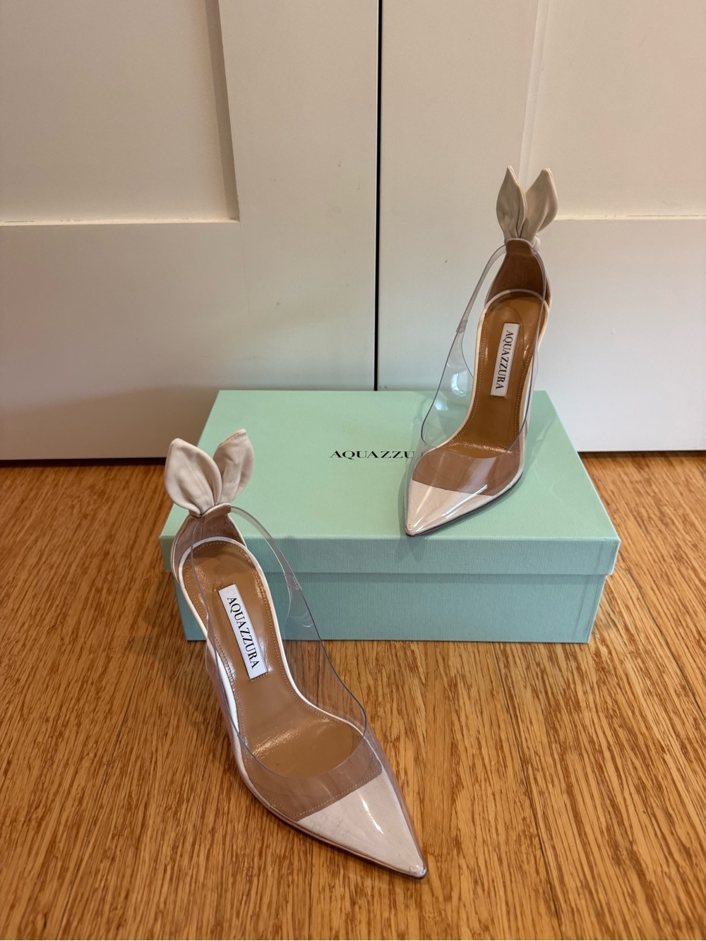 Aquazzura Nude Leather and Clear PVC Bunny-Ear Pointed Pumps